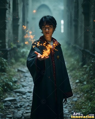 Standing in a stone hallway, a young man in robes holds sparks in his hand