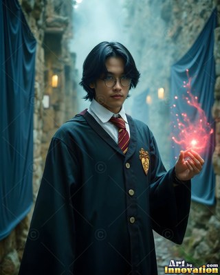 A young man in glasses and dark school robes holds red sparks in his hand