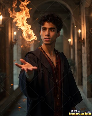In a stone hallway, a young man in dark robes holds a flame over his hand