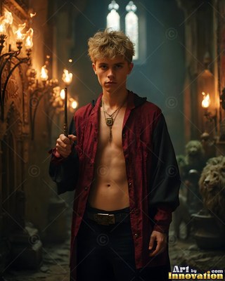 Holding a wand, a young blond man stands in an unfastened deep red robe in a torchlit hall