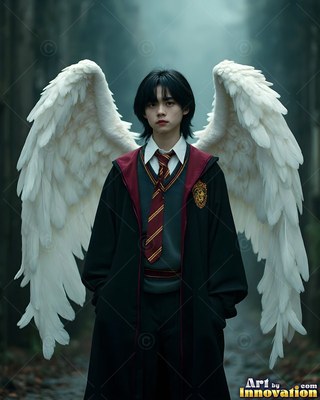 Young man in school robes standing with white feathered wings