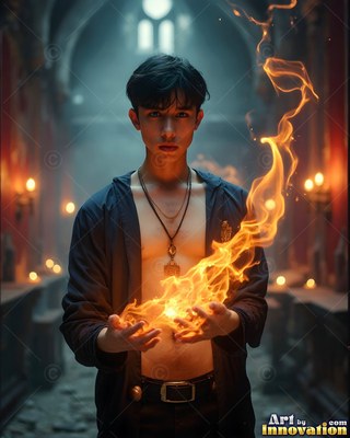 Wearing an open black shirt, a young man clutches fire in a stone hall lined with candles