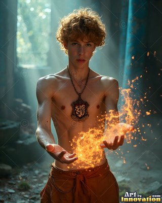 A shirtless young man grips bright orange sparks between his hands in a sunlit room