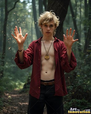 Facing forward in the woods, a young blond man raises sparked hands in an unbuttoned red shirt