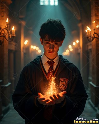 A young man in school robes holds bright fire in his cupped hands in a hallway
