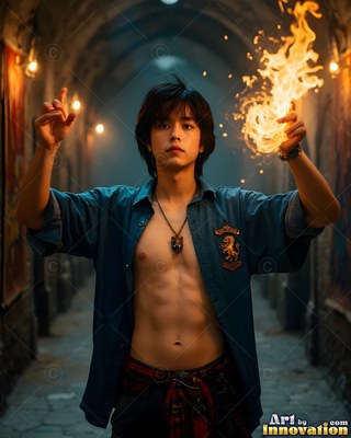 In a stone hall, an open-shirted young man grips bright fire in his hand