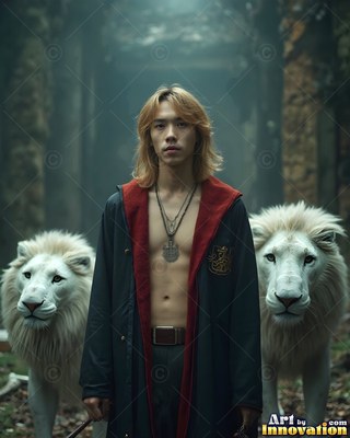 Standing with an open robe, a young man poses between two white lions in a dark stone hall