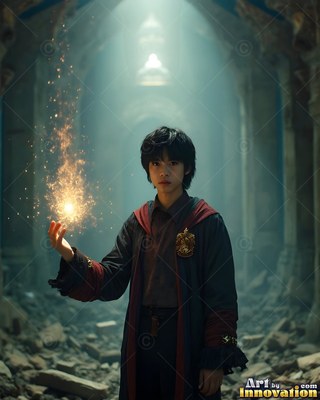 Young man in dark robes holds golden sparks in a stone hall