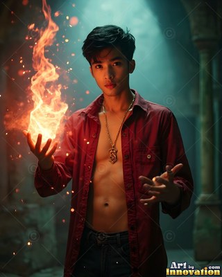 An unfastened red shirt reveals the chest of a man holding fire in a stone hall