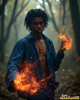 Standing in the misty woods, a man holds bright fire in his hands