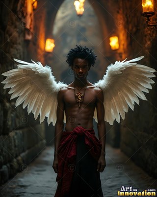A shirtless young man with white feathered wings stands in a stone hall lit by torches