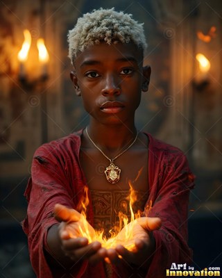 In a dim hall, a young man holds up yellow fire in his cupped hands