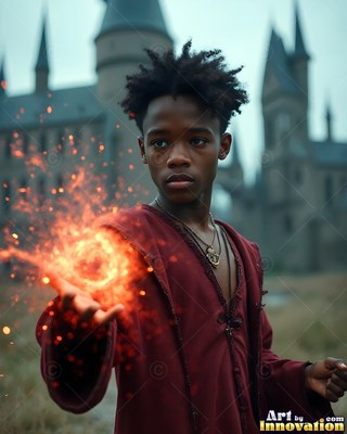 Holding fire in his hand, a young man in a red robe stands before a castle