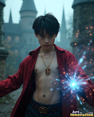 Young man wearing an unfastened red shirt holding blue sparks near a castle