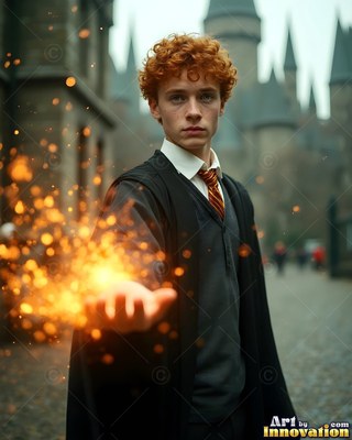 Curly red hair marks a young man in dark robes holding bright sparks in a castle courtyard