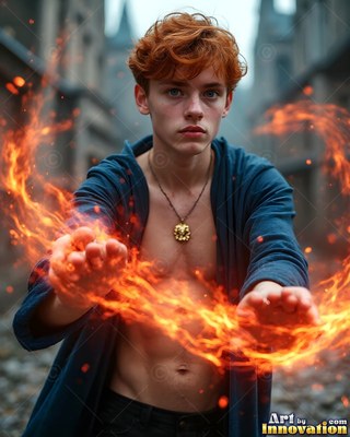 A young red-haired man casts fire from his open hands, his skin lit by bright orange light