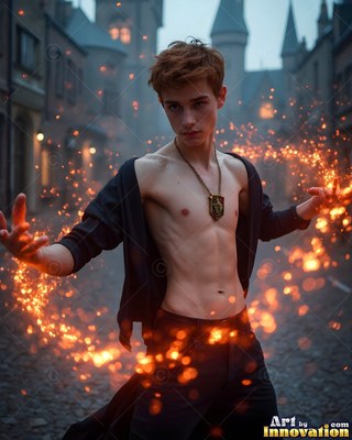 Standing on a cobblestone street, a shirtless young man casts bright orange sparks
