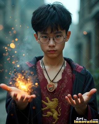 A young Asian man in round glasses holds bright sparks in his open hands