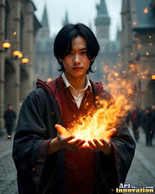 On a cobblestone street, a young man in dark robes holds bright yellow fire in his hands