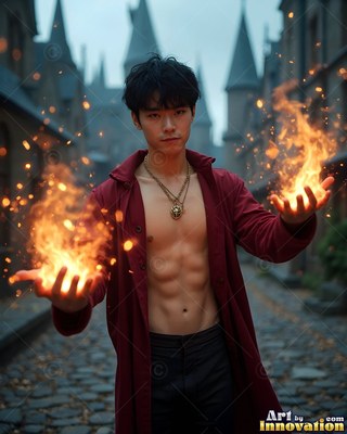 Holding fire in his hands, an open-coated man stands in a stone courtyard