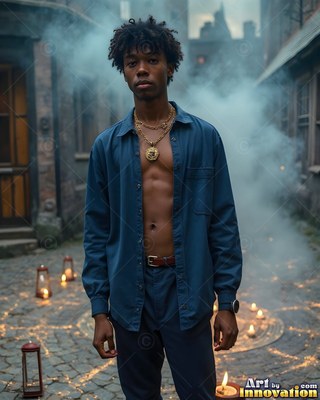 A man stands in an unbuttoned blue shirt on a smoky street