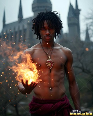 Dreadlocks frame the face of a bare-chested man holding fire outside a stone castle