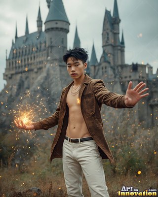 A young man casts bright sparks from his bare hand outside a gray stone castle