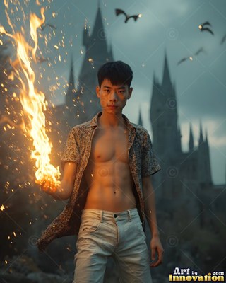 Standing before a dark castle, an unbuttoned man holds fire in his hand