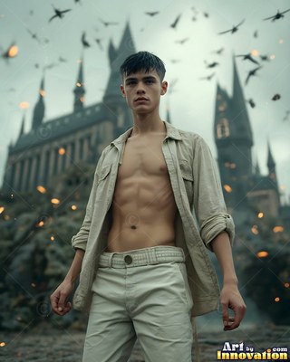 A bare-chested young man wearing an unbuttoned shirt stands before a dark castle with flying birds