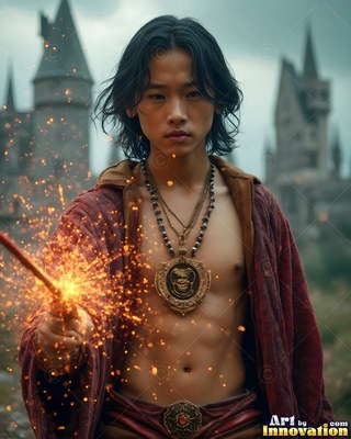 Outside a gray castle, a shirtless young man holds a sparking magic wand