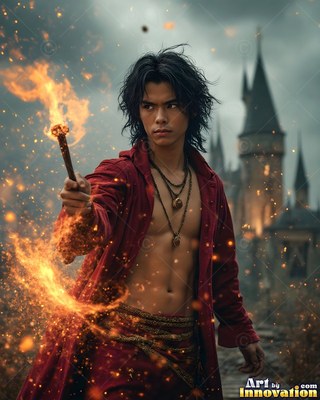 Raising a fiery wand, a bare-chested young man stands just outside a castle