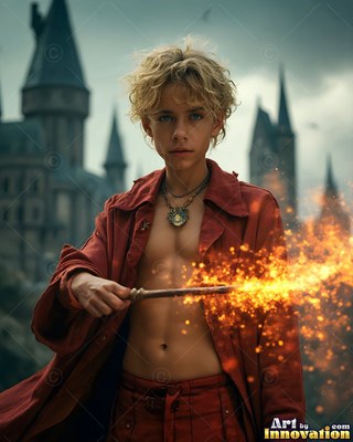 Young man in an open red coat holding a sparking wand