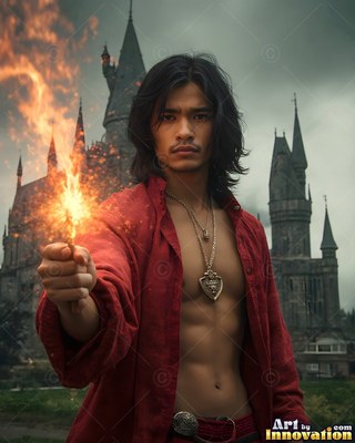 In a parted red shirt, a man holds a burning sparkler before a dark stone castle spire