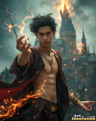 A shirtless young man points a wand with trails of orange fire near a castle tower