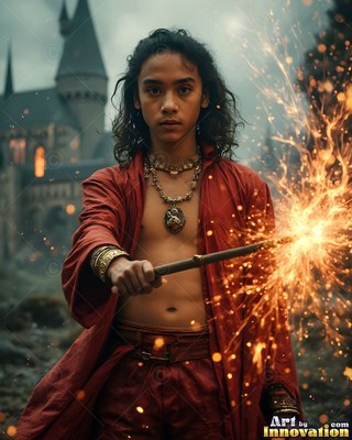 Facing forward outside a castle, a man in a red robe casts bright sparks from a wand