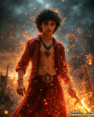 A young man wearing an unbuttoned red shirt holds a flaming dagger surrounded by bright sparks