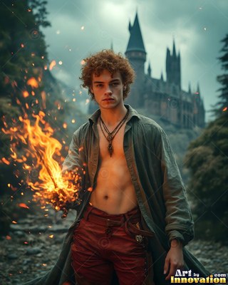 Below a castle, a curly-haired man wearing an unbuttoned shirt holds bright orange fire