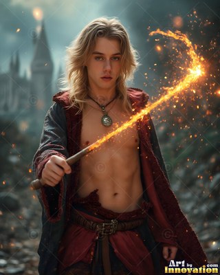 Casting a trail of fiery sparks, a bare-chested young man points a wand out in front of a castle