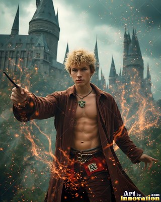 A shirtless man casts fire with a wand by a castle