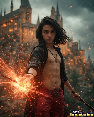 Bare-chested in an open robe, a young man casts bright orange sparks by a castle