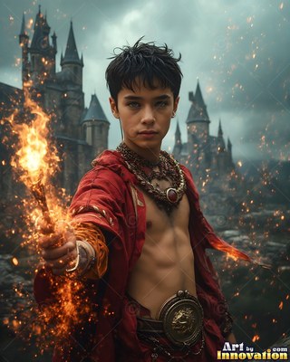 A young man holds up out a flaming wand before a dark castle with fiery orange sparks