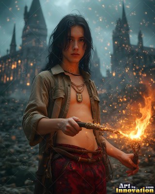 Facing forward before a dark castle, a young man grips a burning wooden wand