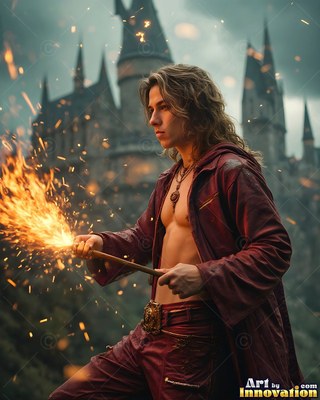 A young man in an unzipped red robe holds a wand shooting fire before a castle