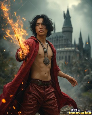 Near a castle, a bare-chested man in a red coat points a burning wand