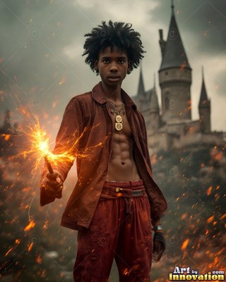 Holding a sparking wand, a young Black man stands before a castle in red robes