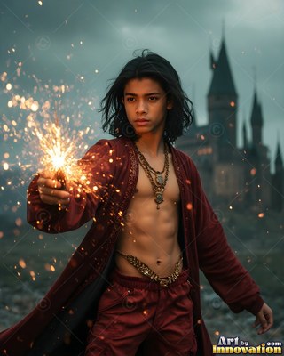 Young shirtless man in red robes holding a bright sparkler