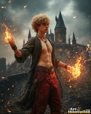Curly blond hair tops a young man holding fire by a dark castle under gray skies