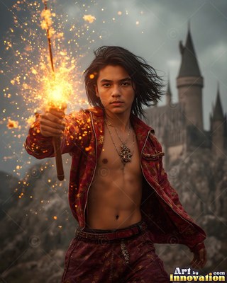 A young man points a wand that bursts with bright golden sparks before a castle