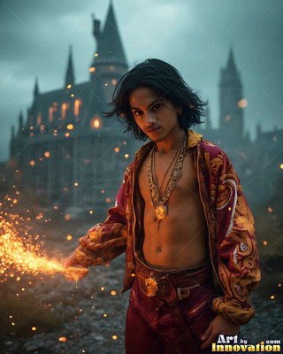 Standing outside a castle, an open-shirted man holds sparks in his hand