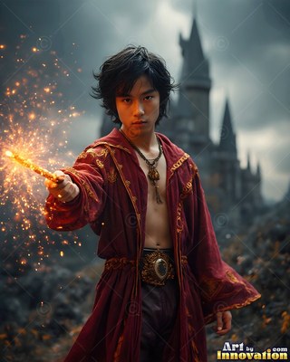 A young man in an open red robe points a sparkling wand near a dark castle